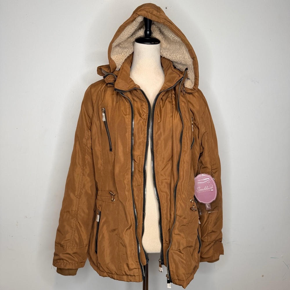NWT Snobbish Caramel Winter Parka Coat Faux Fur Lining SIze L